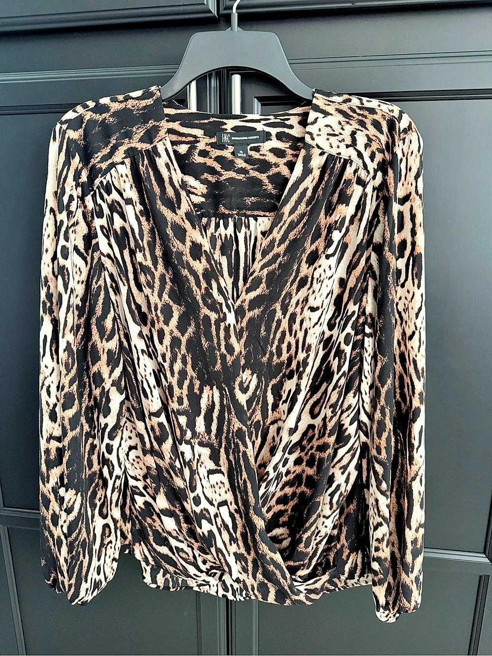 INC International Concepts Leopard-Print Faux-Wrap Blouse Black & Pink Medium